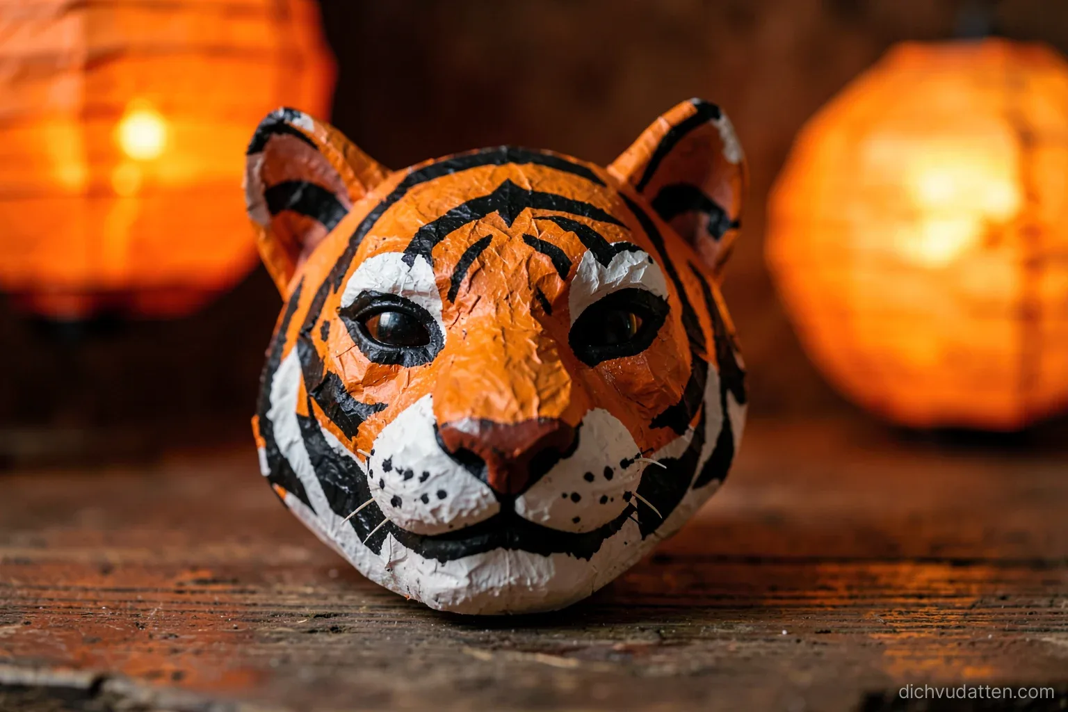 Close-up of a handmade papier-mache tiger head mask with orange and black stripes on a rustic wooden table, paper lanterns softly blurred behind, warm evening light, deep orange palette