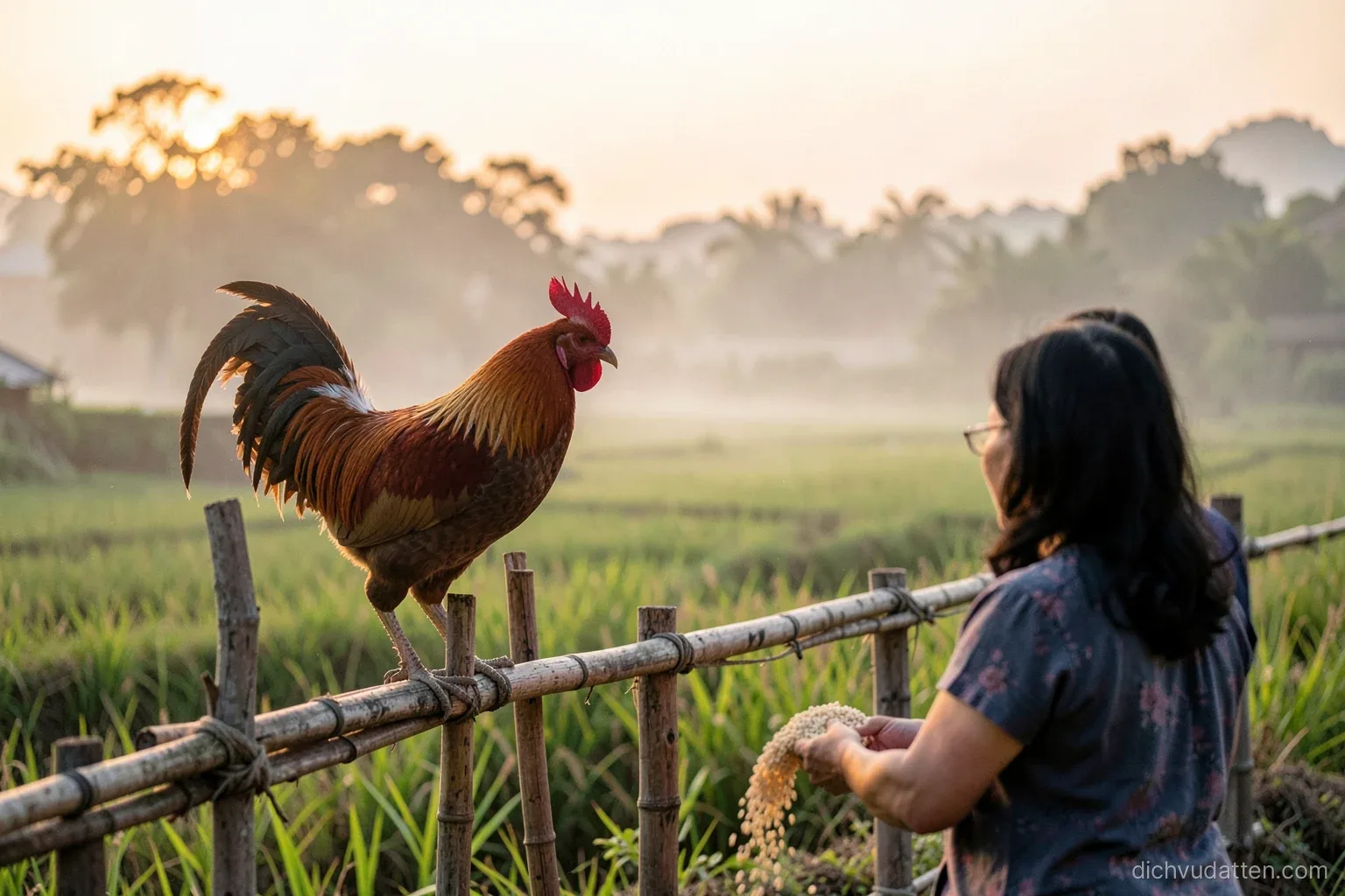 A rooster perched on a bamboo fence at dawn in a northern Vietnamese village, mist over rice fields, a grandmother scattering grain seen from behind, soft rose and gold light