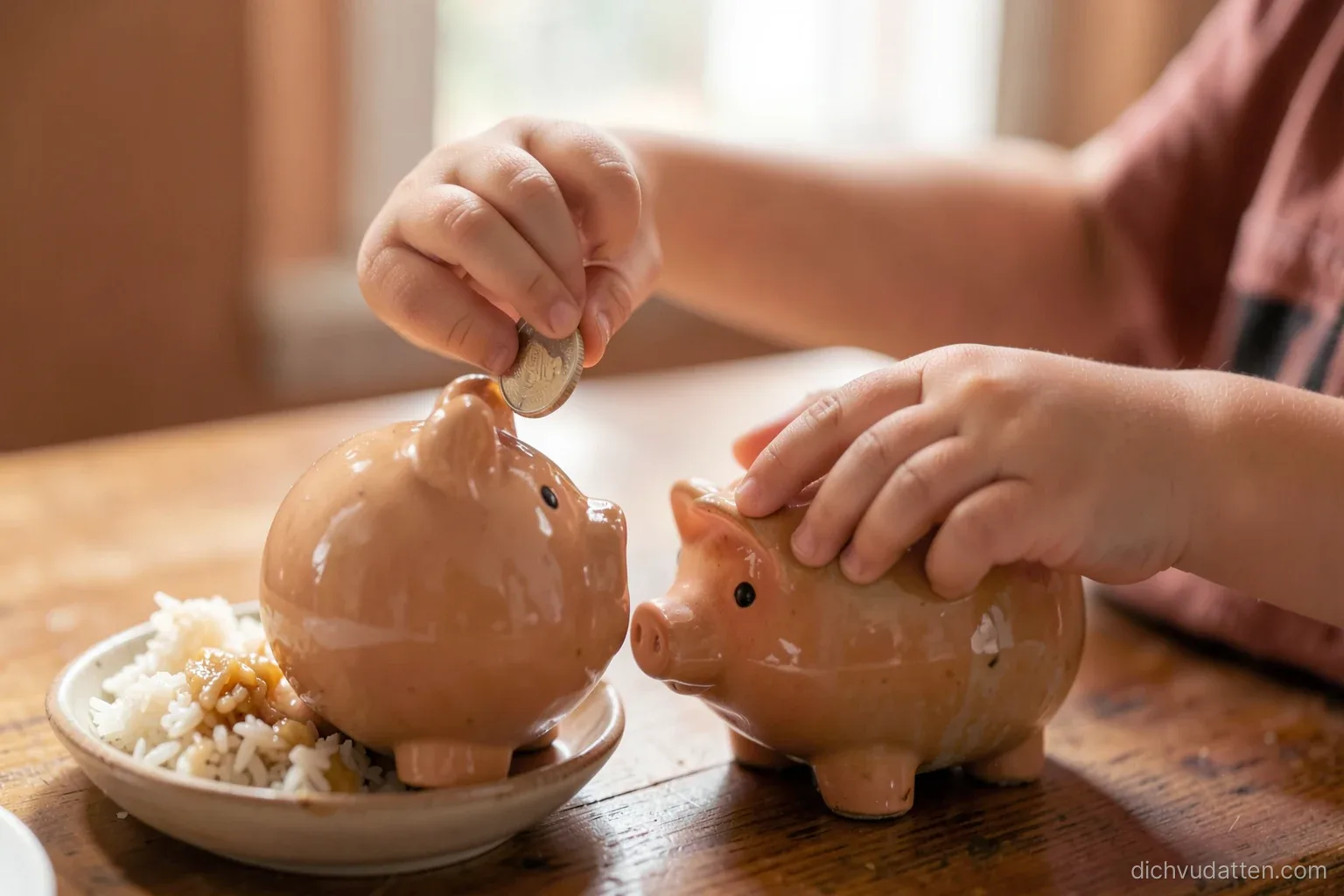 Close-up of a small child's hands dropping a coin into a glazed clay piggy bank on a wooden table beside a bowl of sticky rice, soft window light, warm terracotta tones