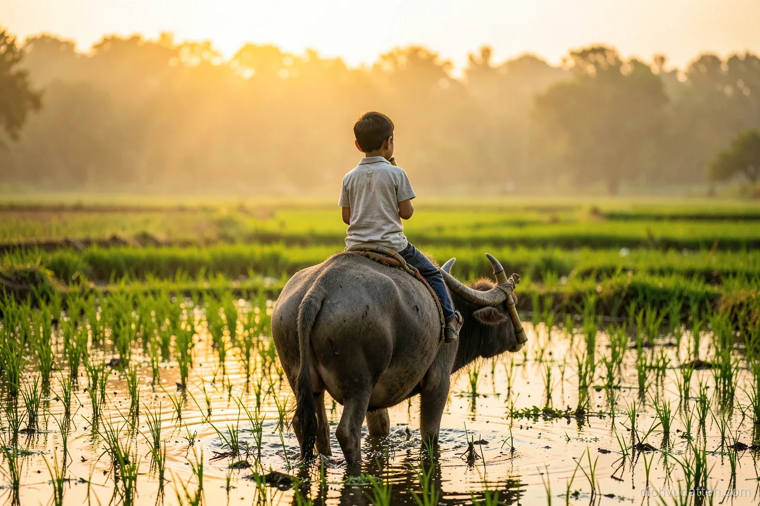 A small boy seen from behind riding on the back of a water buffalo through a flooded rice field at sunrise, bamboo flute in hand, golden haze, green and amber palette