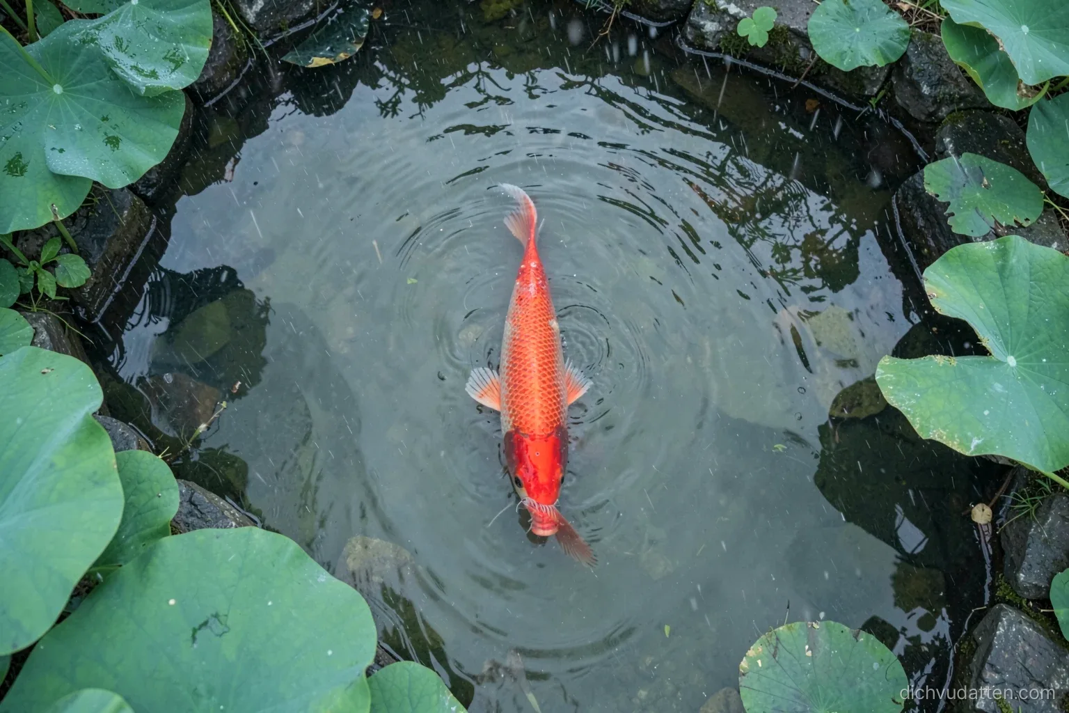 Top-down view of a red carp swimming upward in a clear stone-edged village pond under light drizzle, ripples and lotus leaves, jade green and vermilion palette, soft overcast light