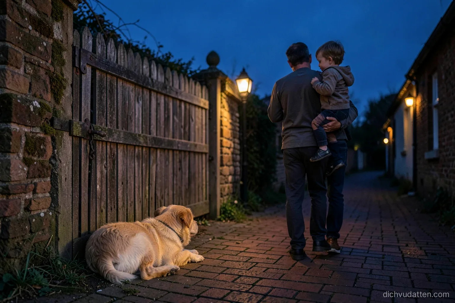 A small yellow village dog lying beside an old wooden gate at dusk while a father carries a sleepy toddler along a brick lane, seen from behind, warm lantern glow, indigo sky